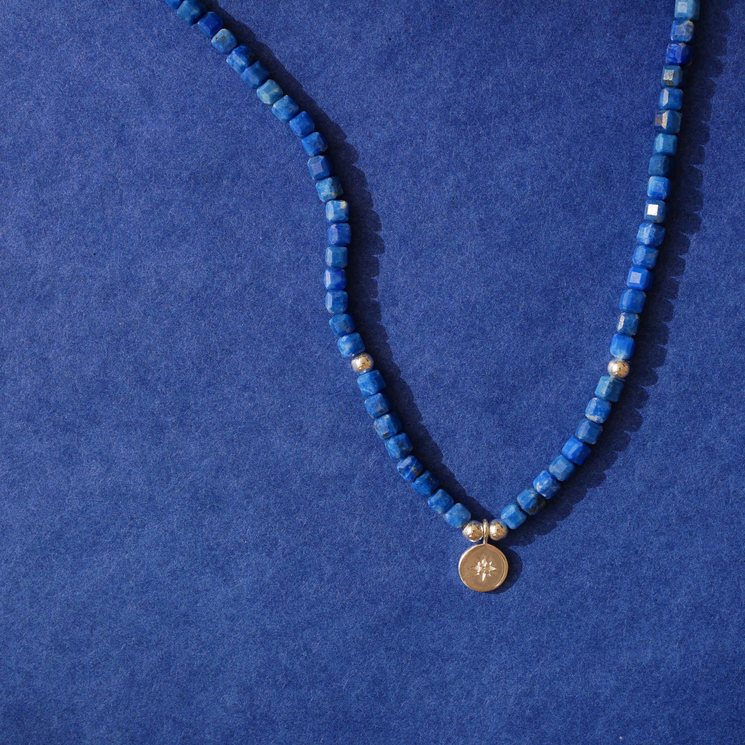 Gold Plated Silver Necklace with Lapis Lazuli and Diamond "North Star"