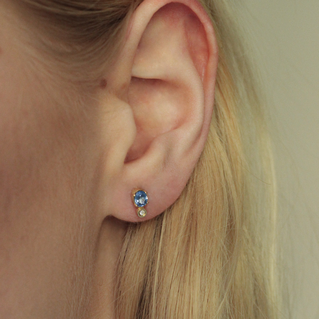 14k Gold Stud Earrings with Blue Sapphires and Diamonds