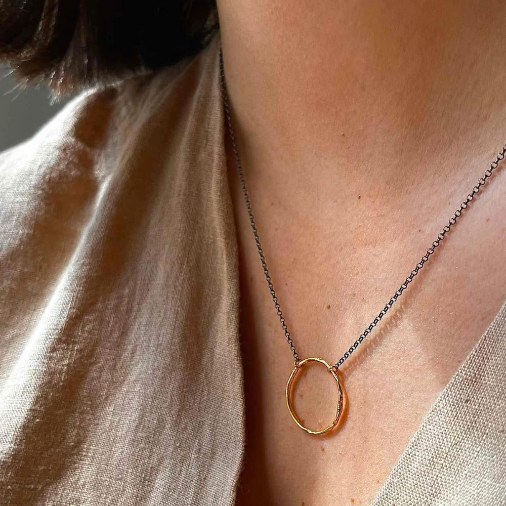 Gold Plated / Oxidized Silver Necklace "Thin Fingerprint Circle"