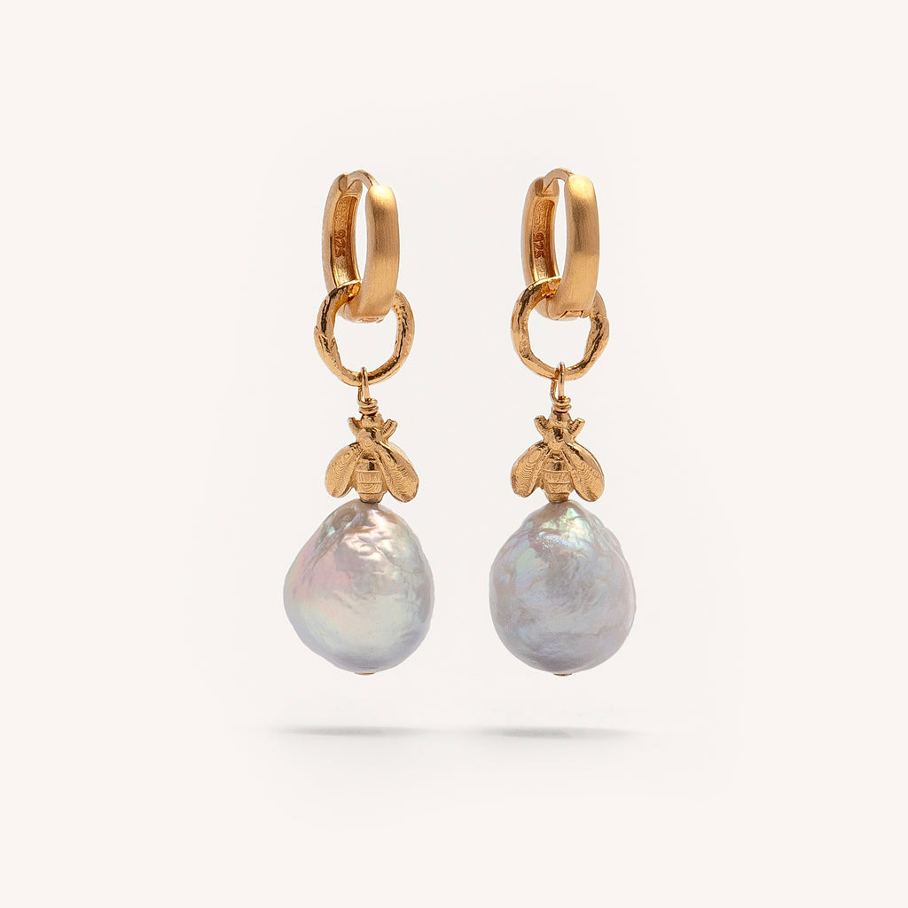 Gold Plated Silver & Pearl Earrings "Lucky Bee"