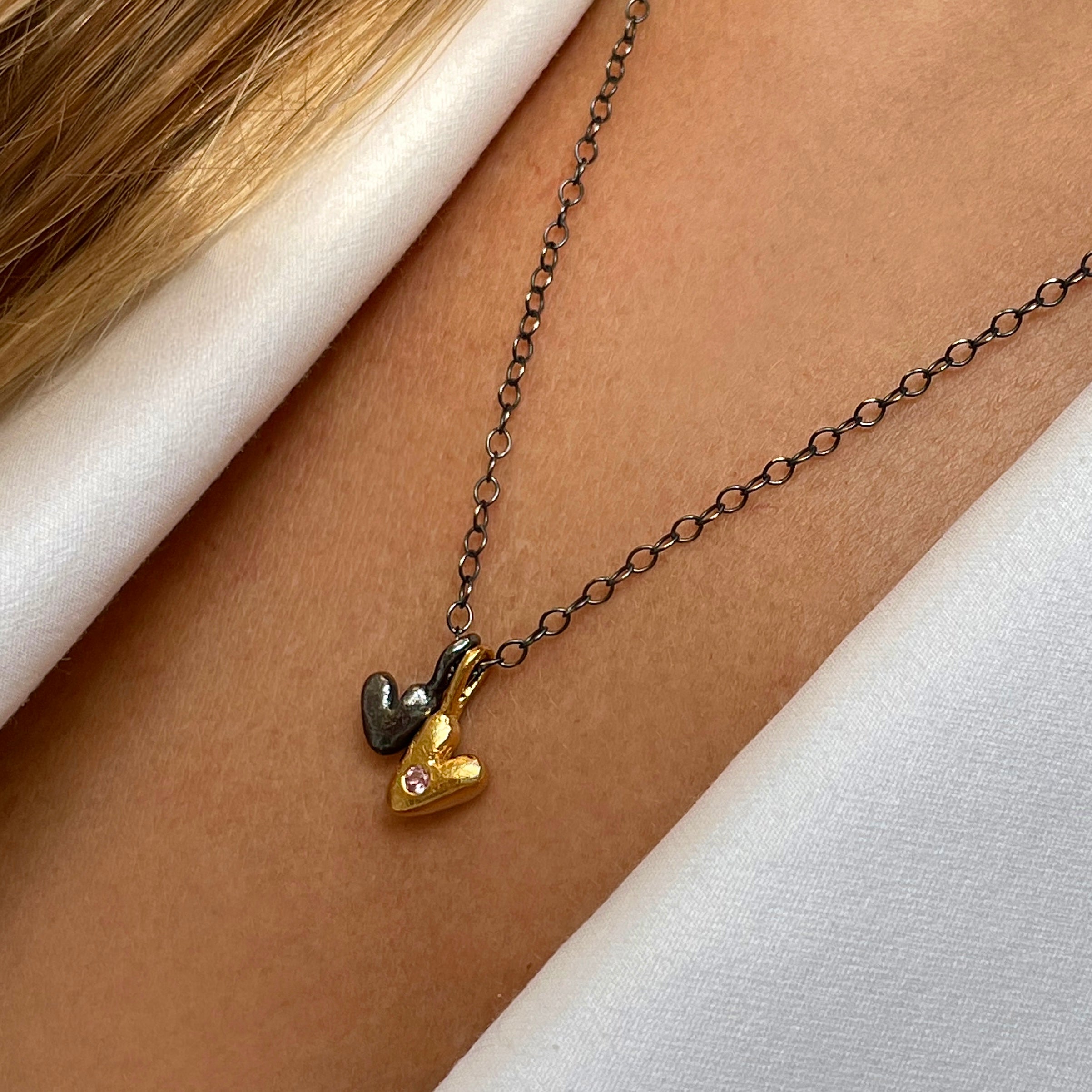 Gold Plated / Oxidised Silver Necklace with Pink Sapphire "Double Love"