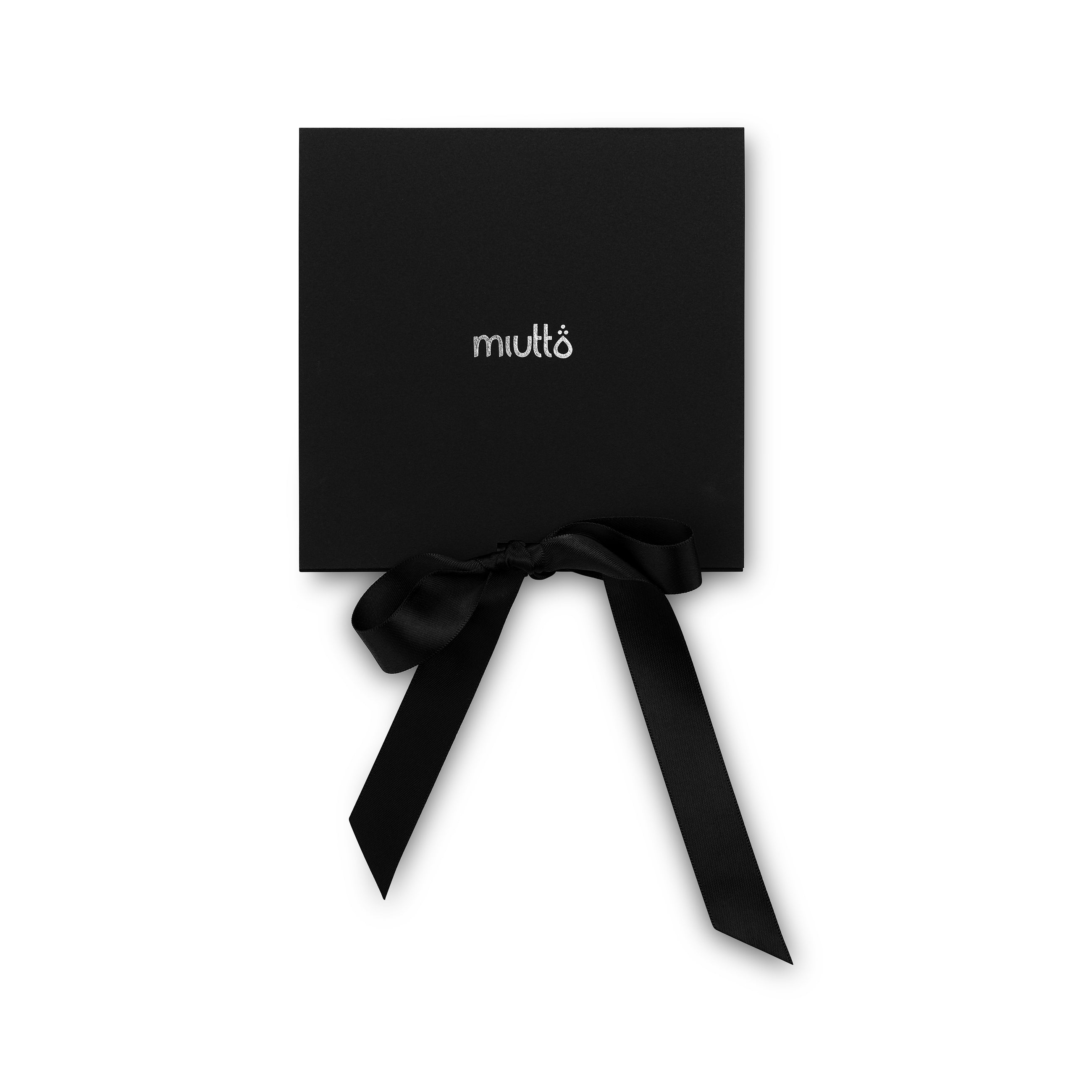 Black gift card with a black ribbon on a white background, featuring the brand 'miutto'.