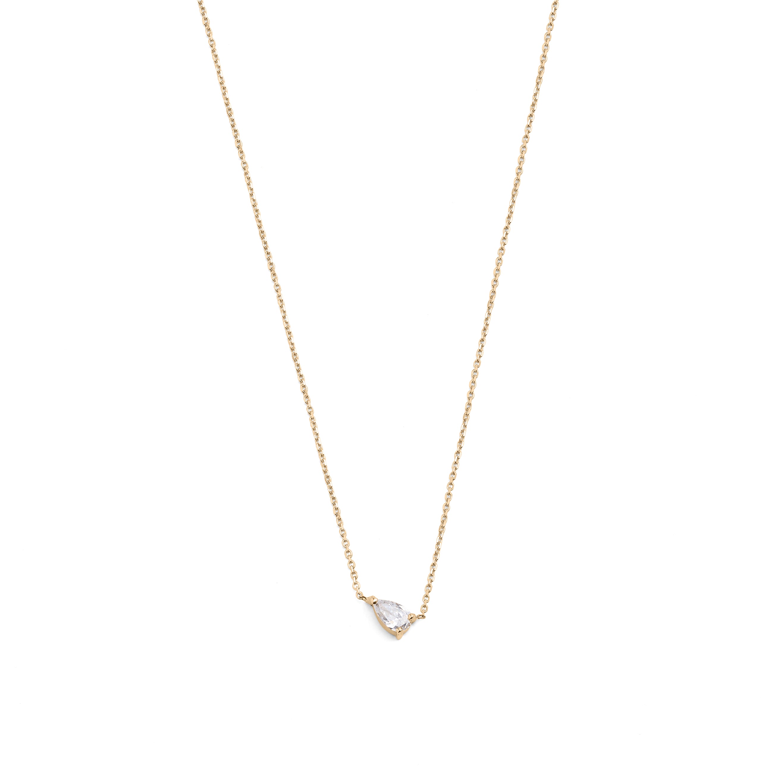 A 14k yellow gold necklace with a pear-shaped diamond centerpiece, on a white background.
