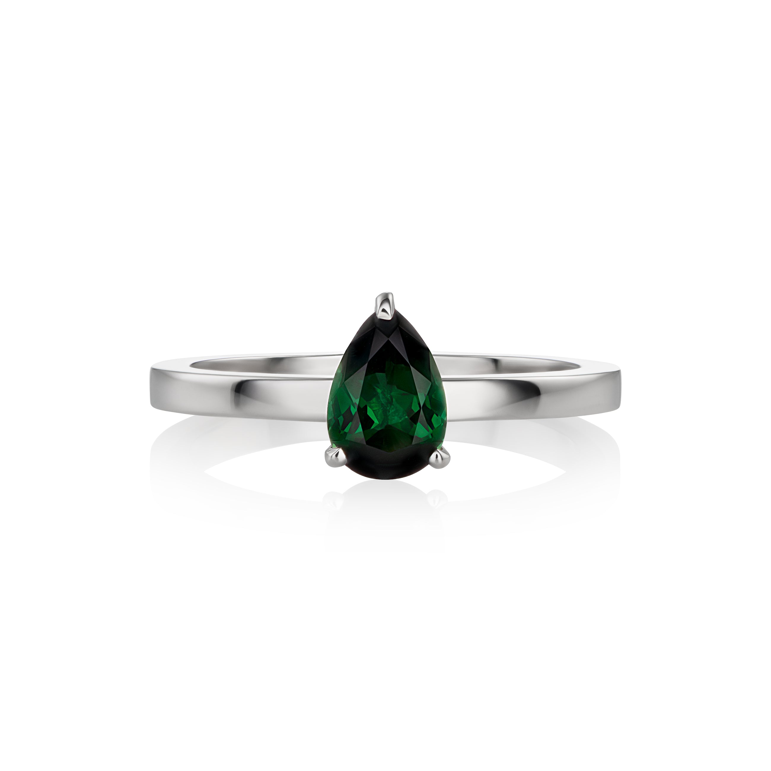 A white gold ring featuring a faceted pear-cut tourmaline gemstone in a three-prong setting, displayed on a clean white background with a soft reflection.
