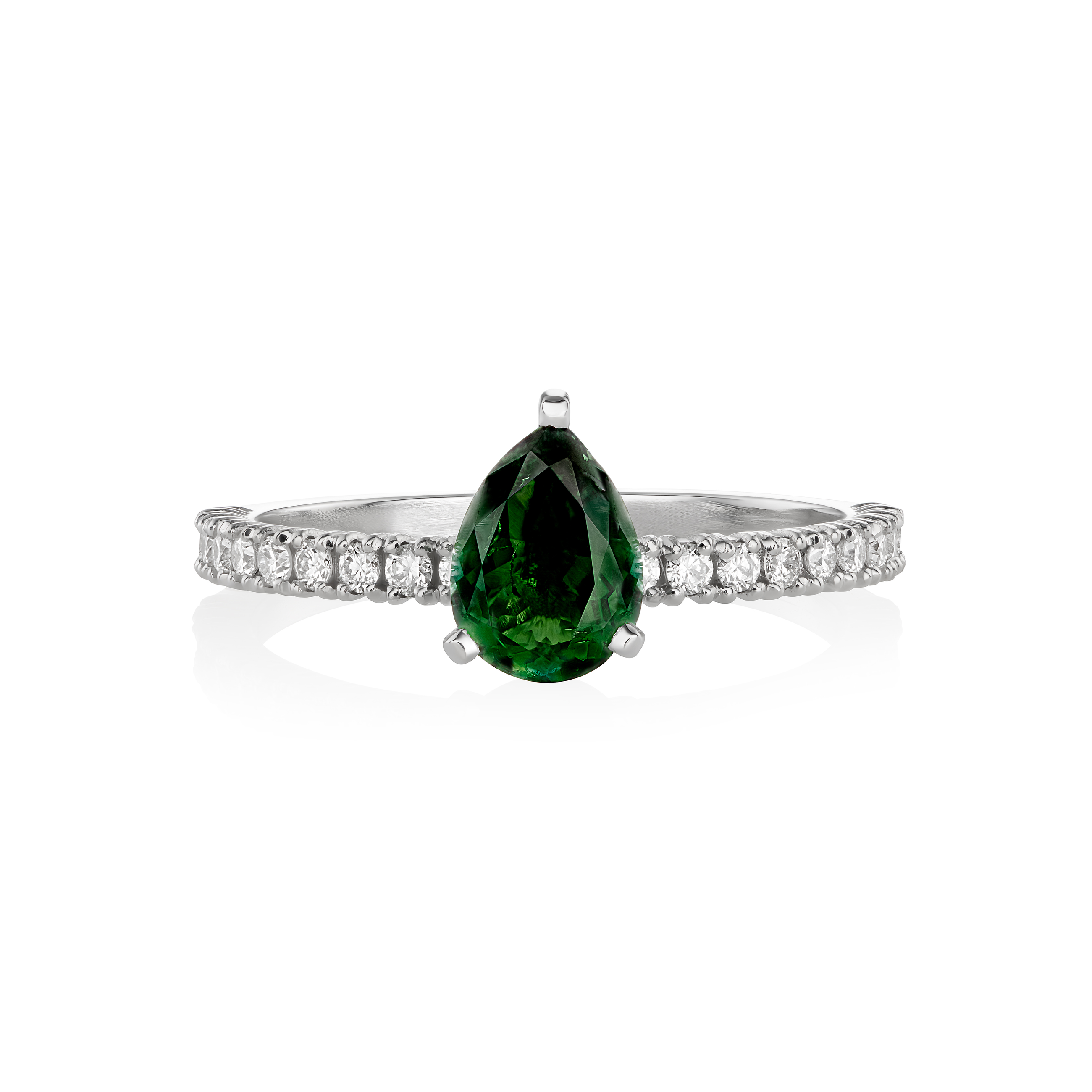 Ring with a green pear-shaped tourmaline and diamond-studded band on a white background