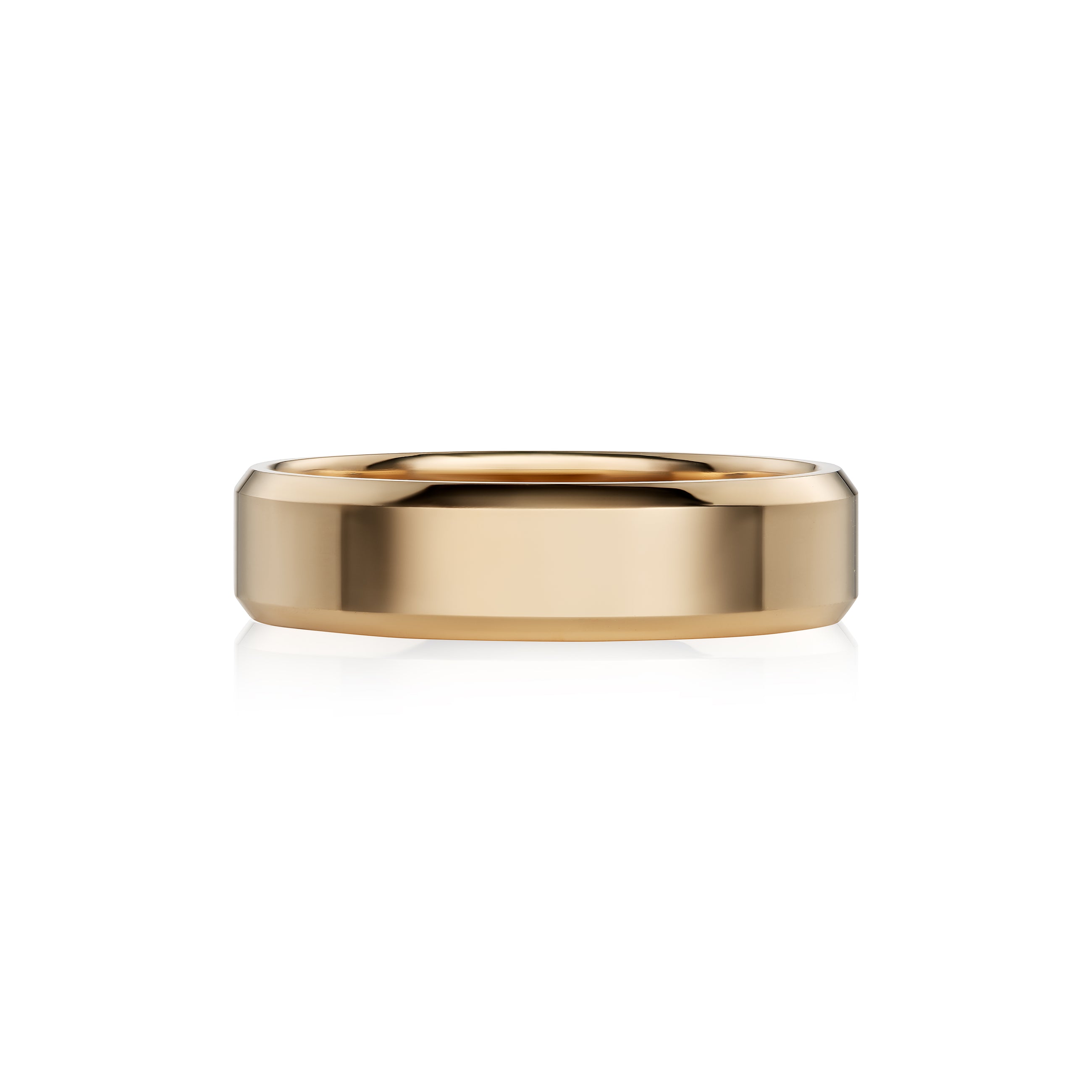 A polished yellow gold band ring with a smooth, slightly beveled edge, shown on a clean white background with a soft reflection underneath.