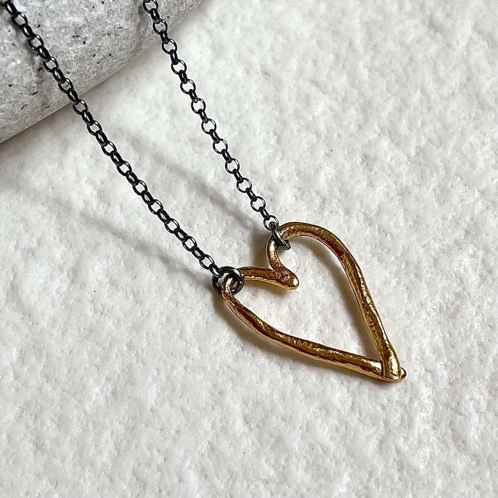 Gold Plated / Oxidized Silver Necklace "Fingerprint Thin Heart"