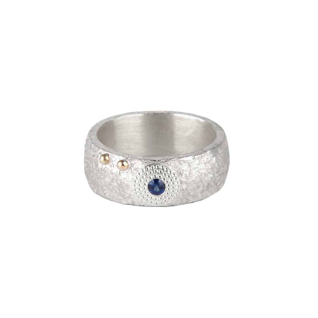 Silver Sapphire Ring with Gold Bubbles
