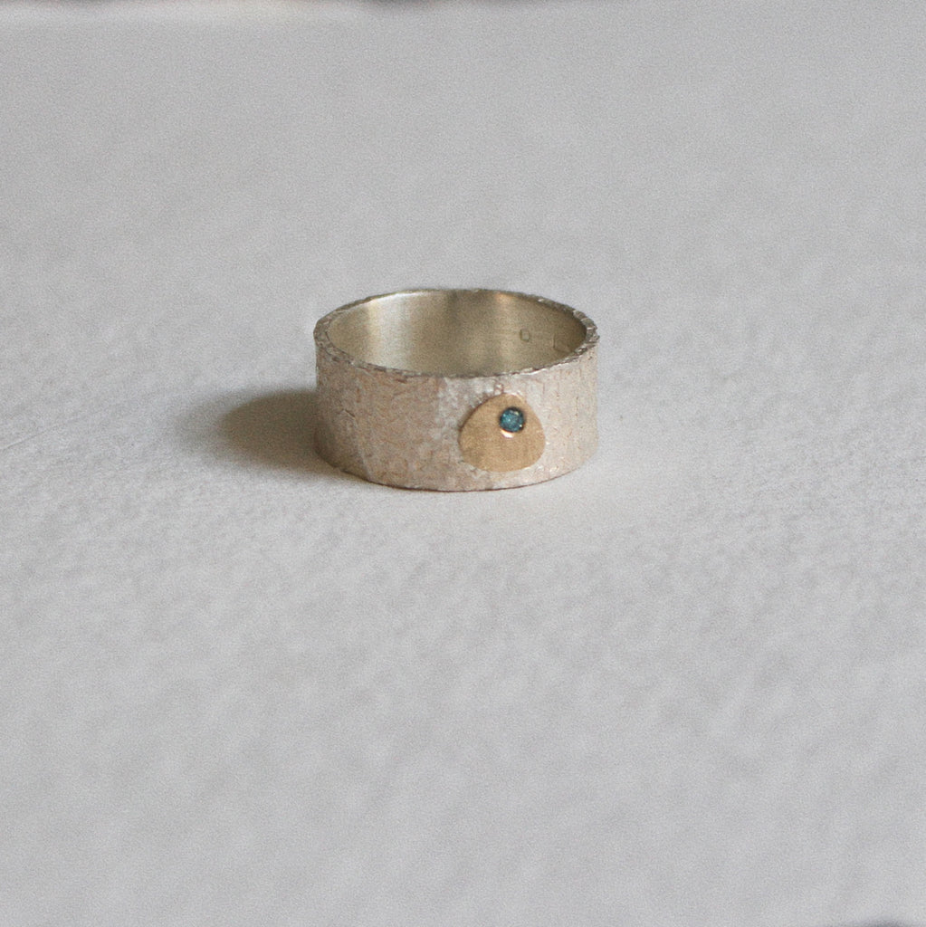 Wide Silver Ring with Gold and Diamond