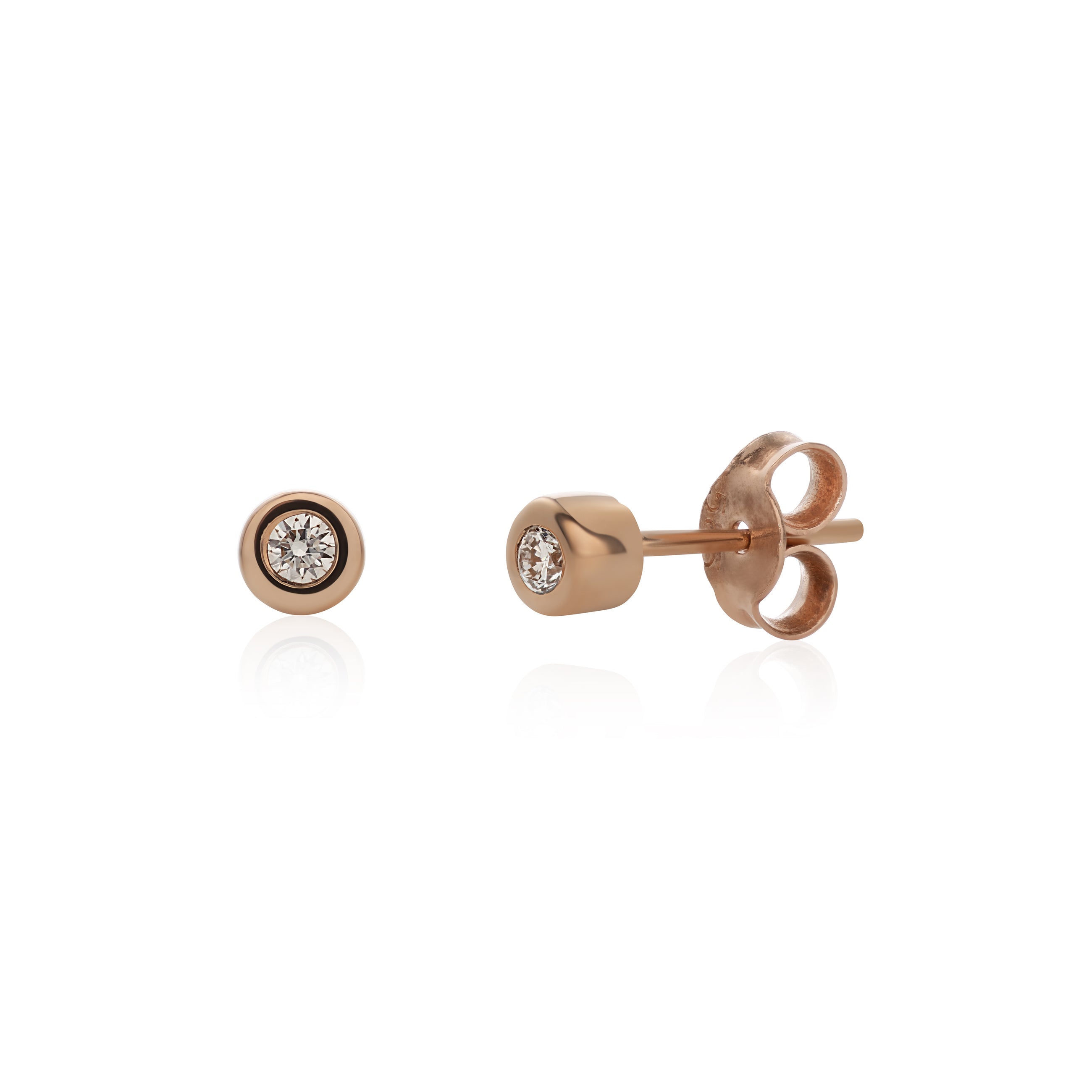 A pair of 14k rose gold basic stud earrings with white diamonds, displayed against a white background.