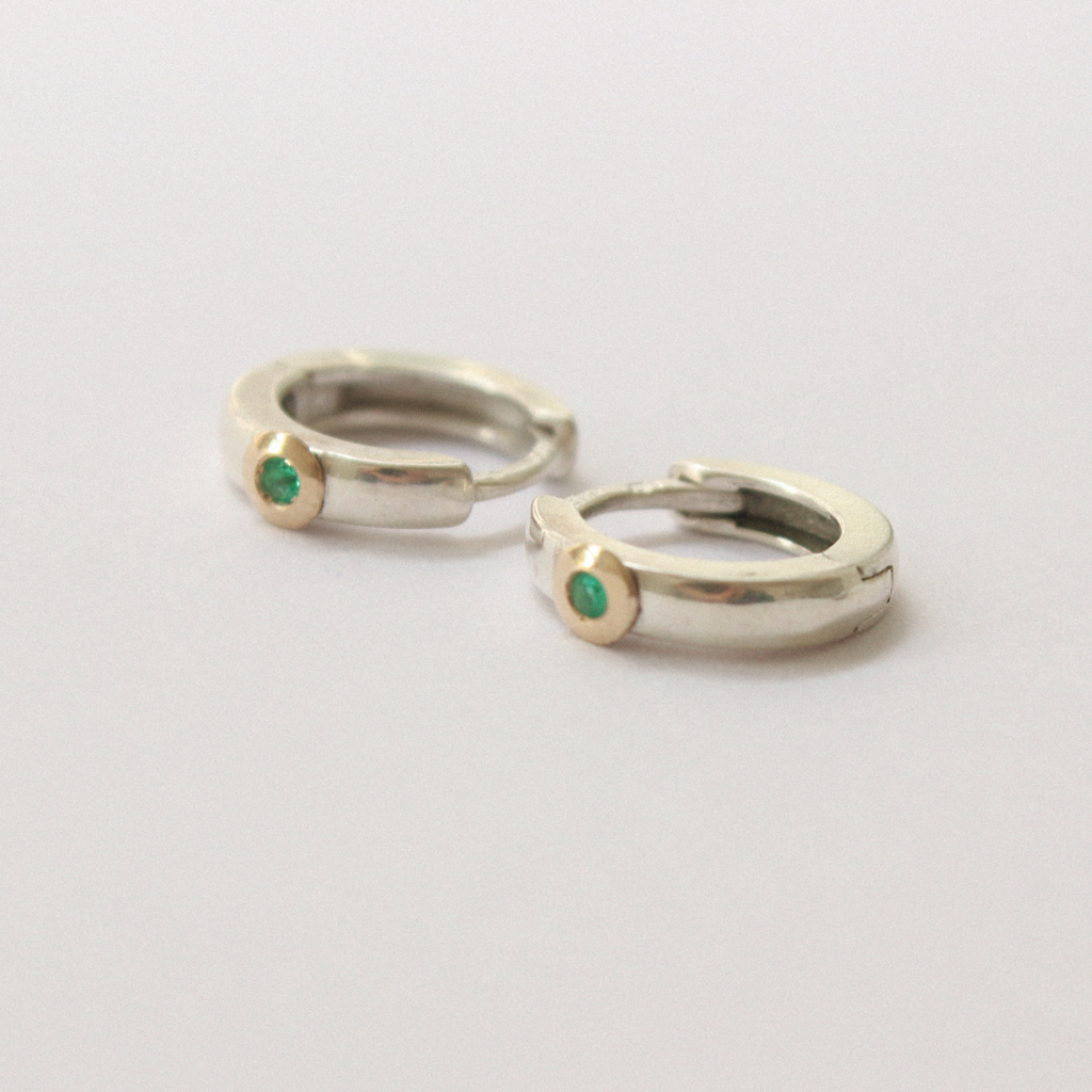 Silver Hoop Earrings with Emeralds