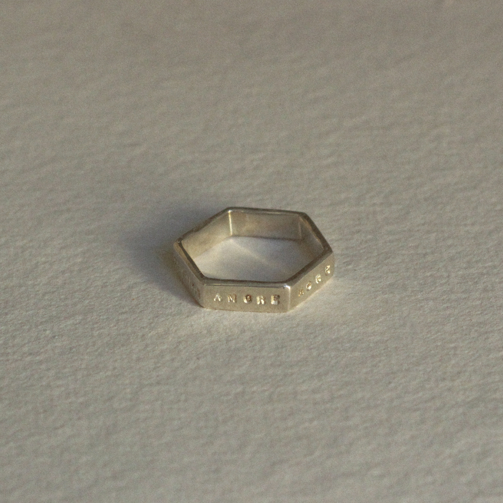 Silver Hexagon Ring with Inscription in Latin