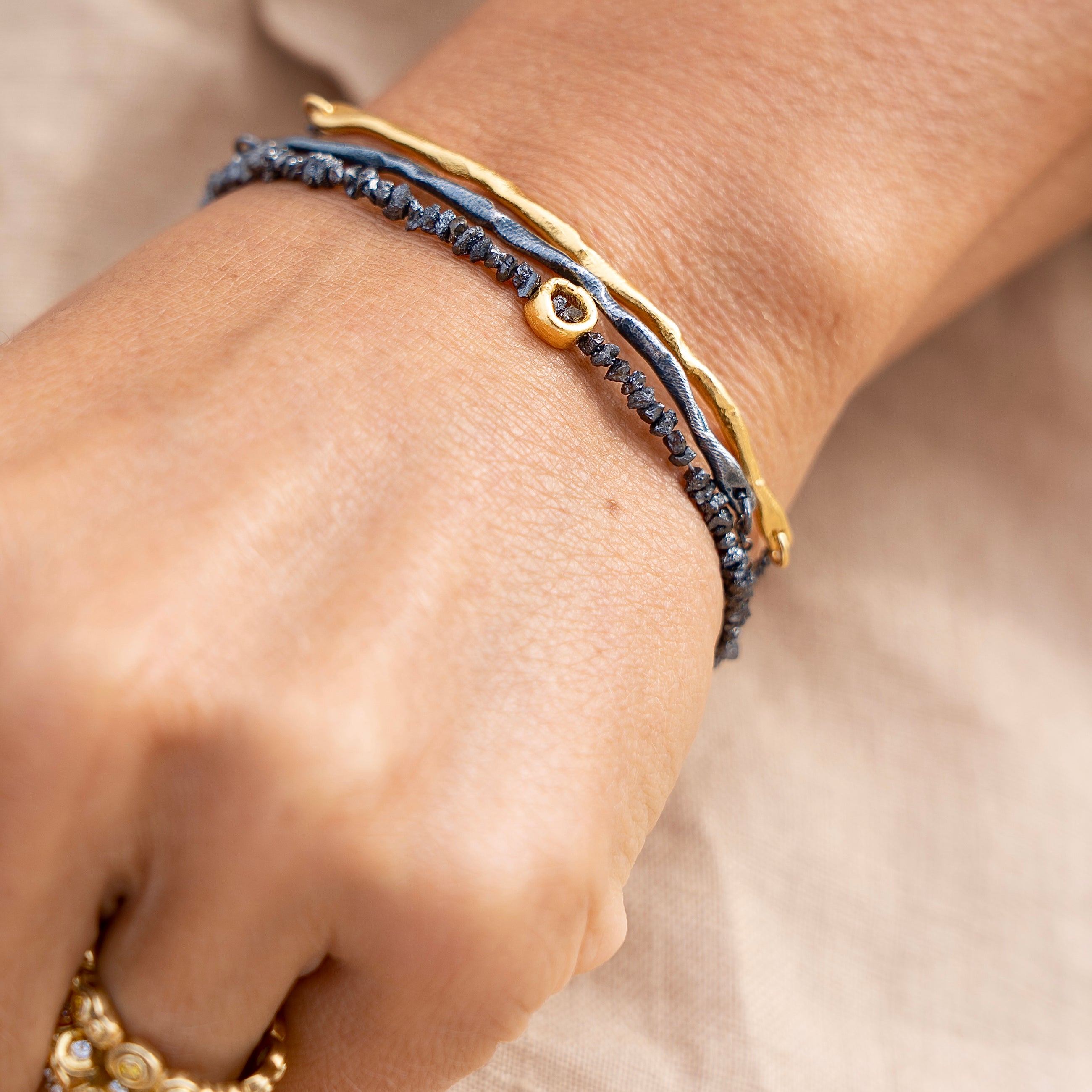 Gold Plated / Oxidized Silver Bracelets Set "Thick Handcrafted"