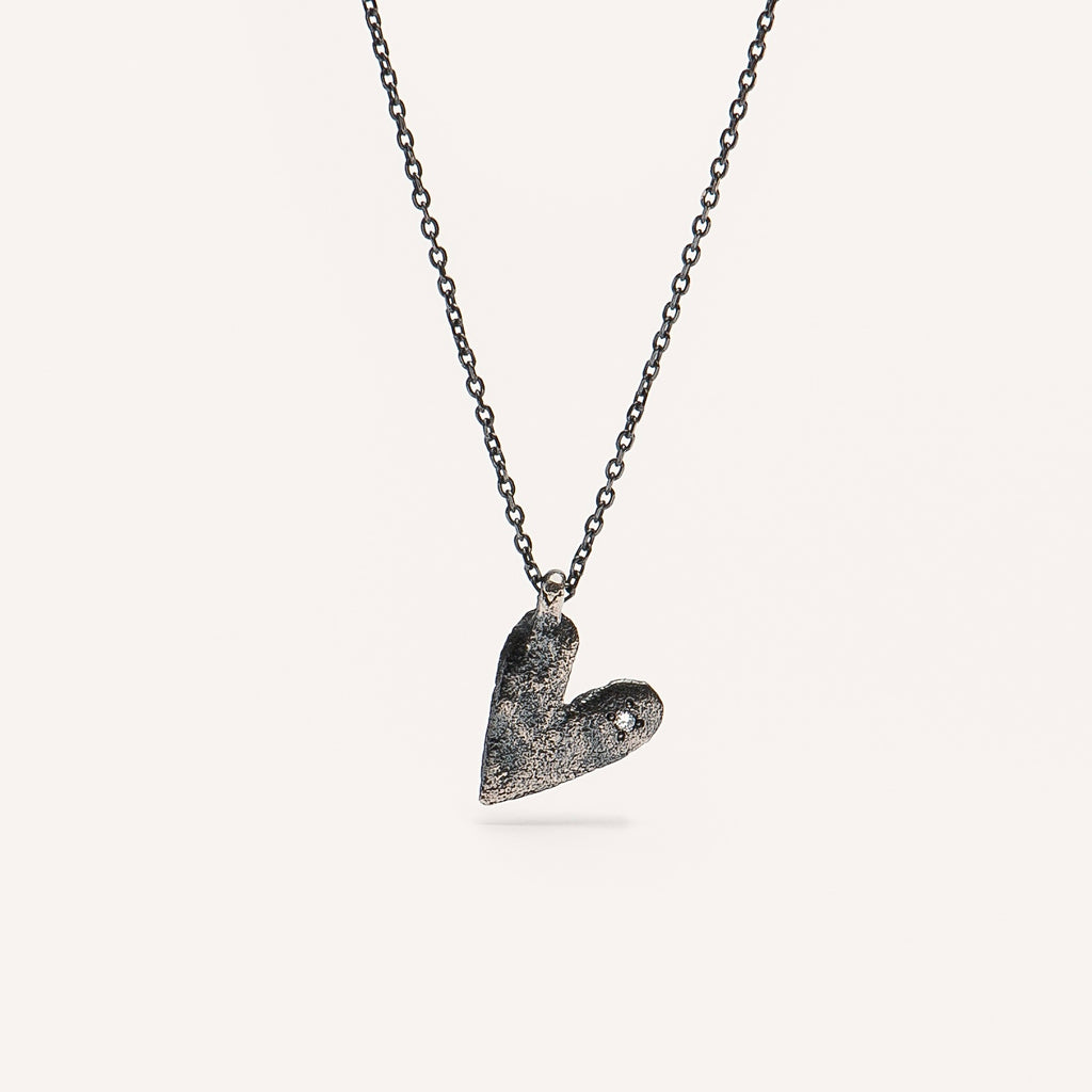 Oxidized Silver & Diamond Necklace "Heart"