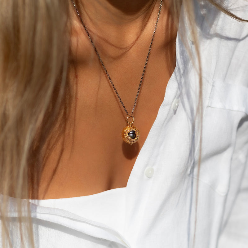 Gold Plated / Oxidized Silver Necklace  with Pearl "Hide Freshwater"