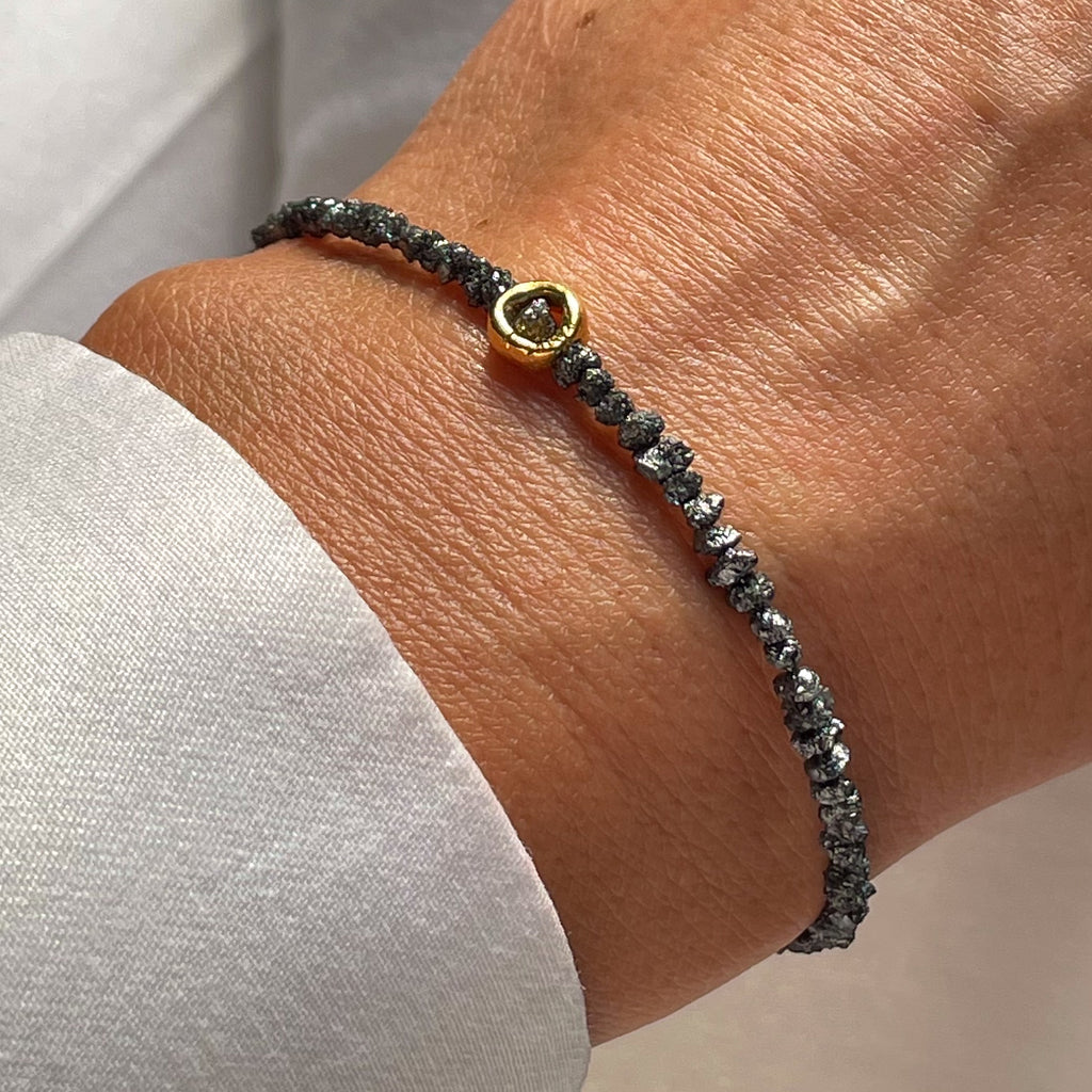 Gold Plated Silver Bracelet "Black Raw Diamond Circle"