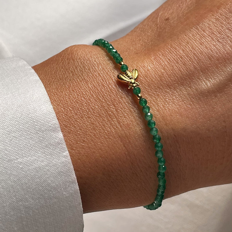 Gold Plated Silver Bracelet with Green Agate "Bee"