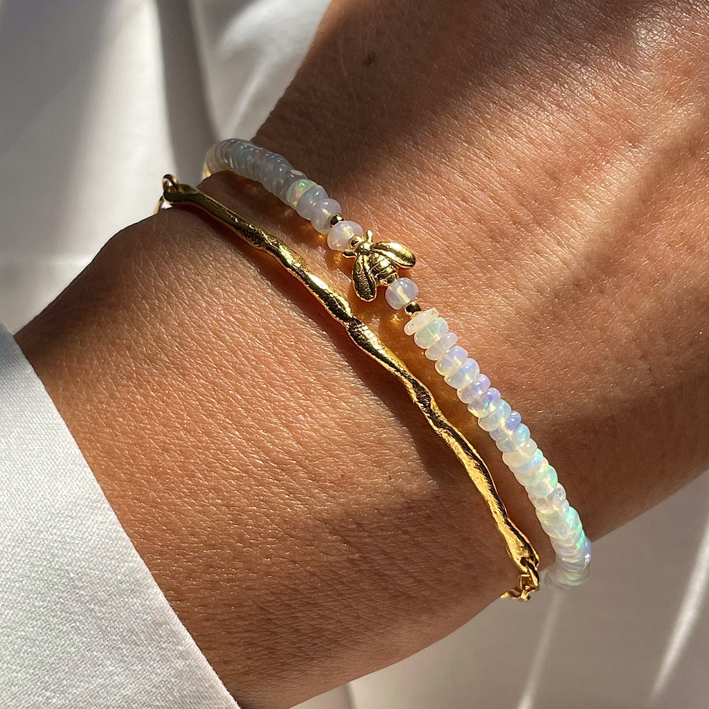 Gold Plated Silver Bracelet Set "Thick Handcrafted" & "Opal Bee"