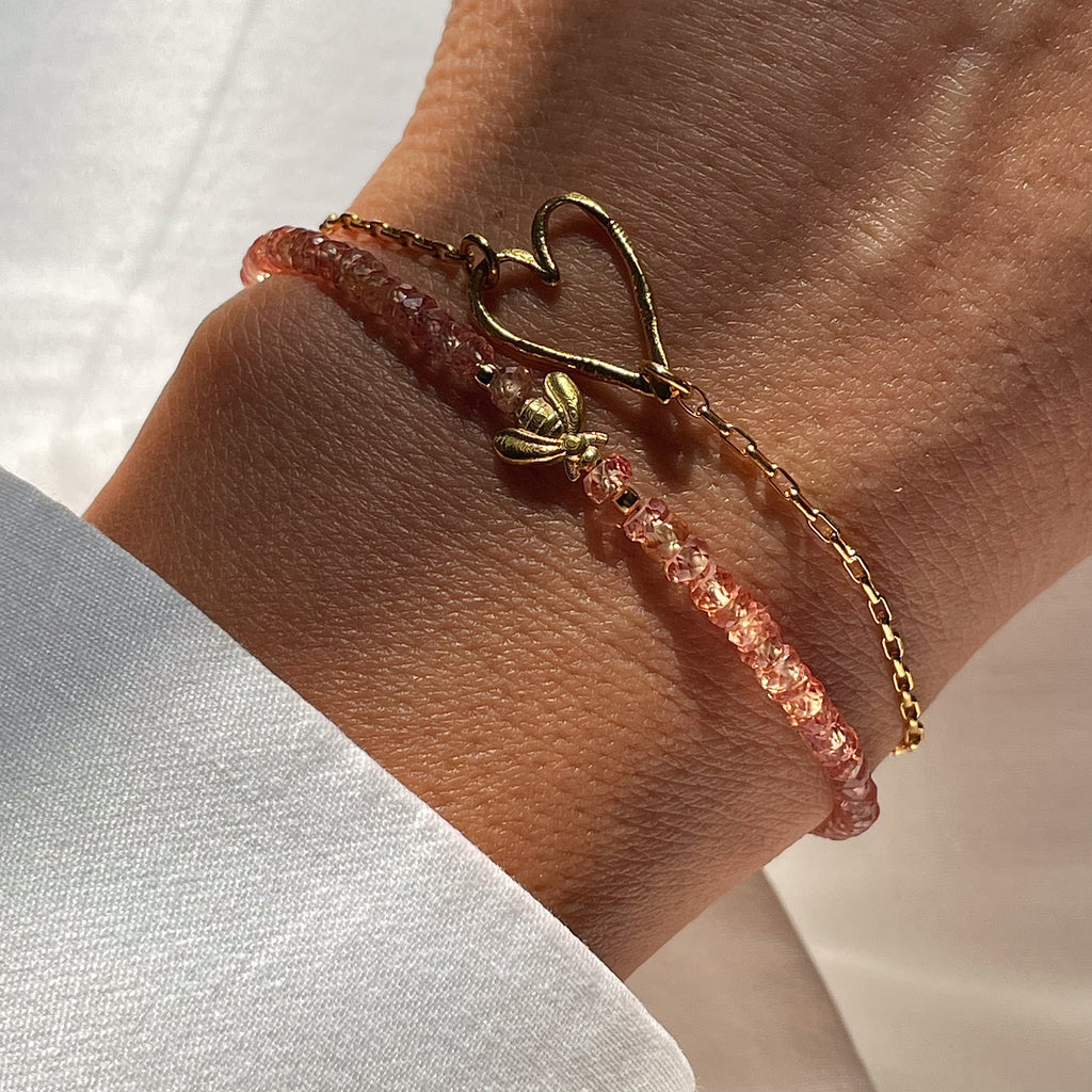 Gold Plated Silver Bracelet Set "Rough Thin Heart" & "Padparadscha Sapphire Bee"