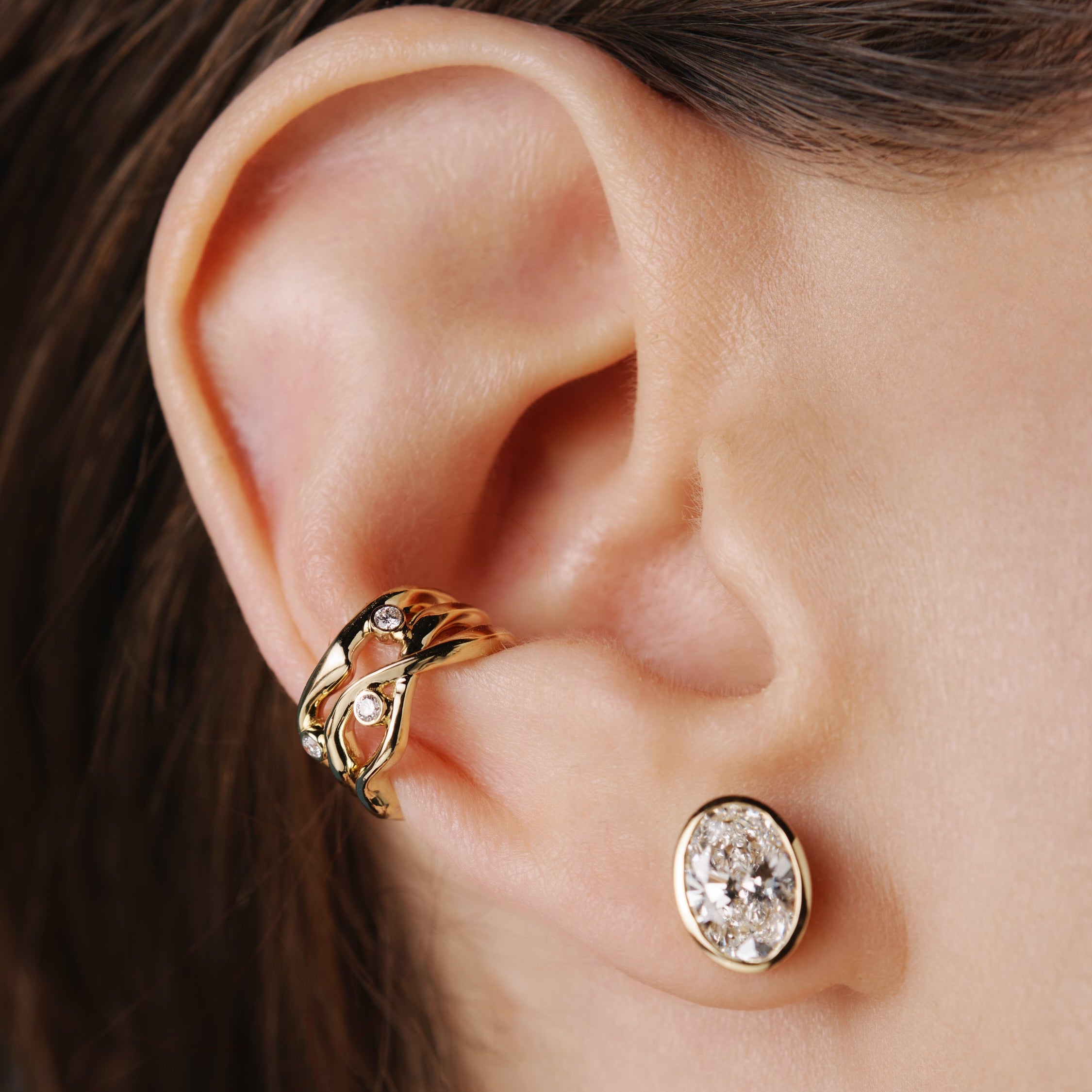 Rose Gold Ear Cuff with Diamonds "Bare Souls. Three-Threads"