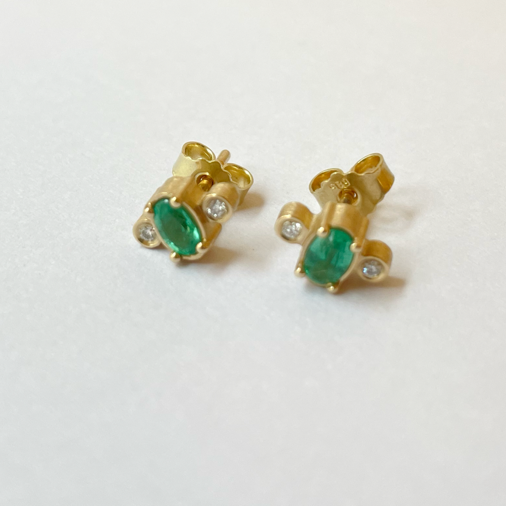 Yellow Gold Stud Earrings with Emeralds and Diamonds