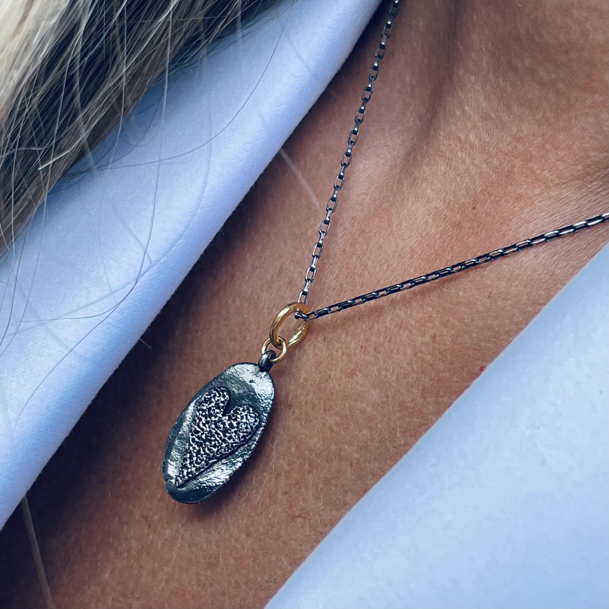 Gold Plated / Oxidized Silver Necklace "Oval Handcrafted Heart"