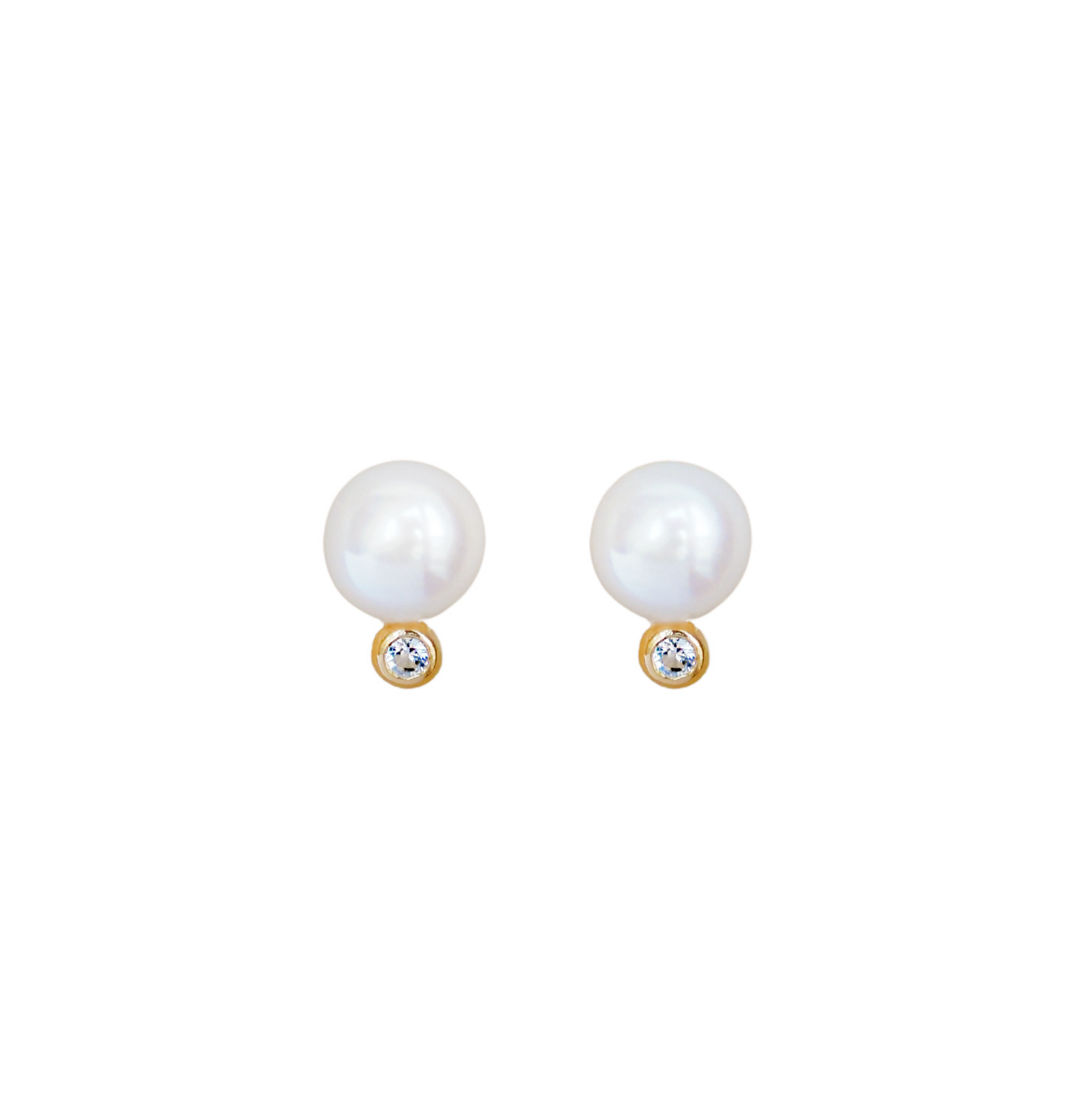 Pair of pearl and topaz earrings with gold-plated silver bases on a white background