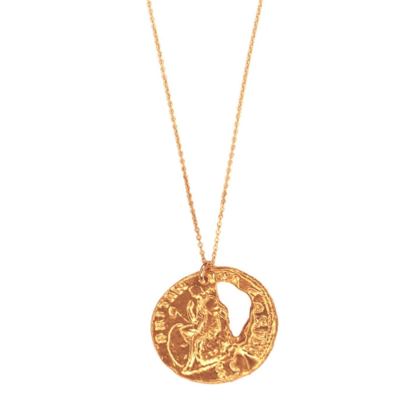 Gold coin pendant necklace on a white background