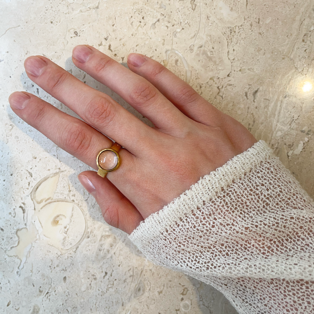 Gold Plated Silver Ring with Transparent Rock Crystal "Lux Solis / Light of the Sun"