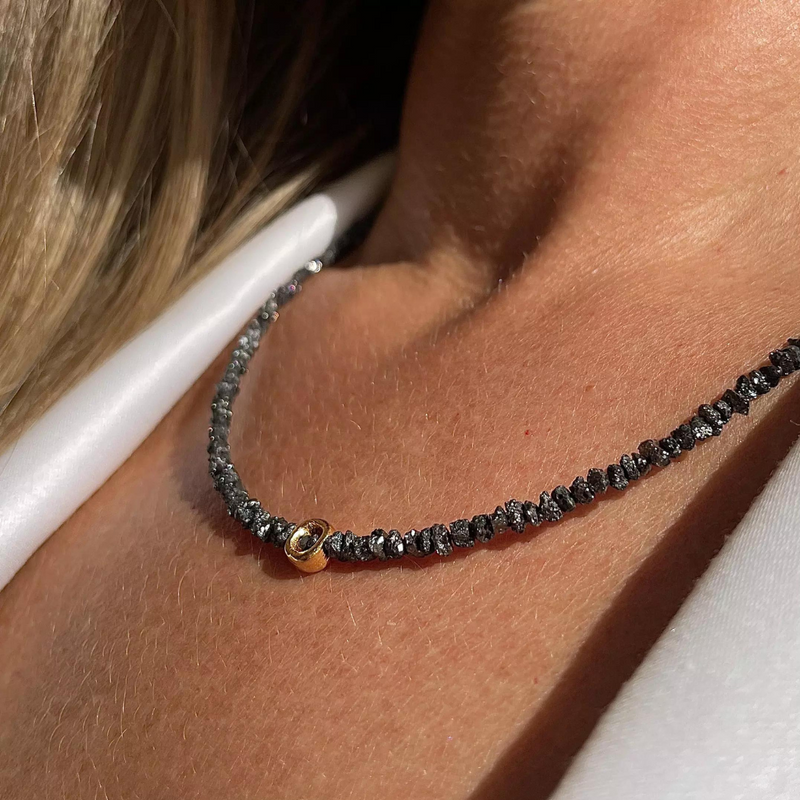 Gold Plated Silver Necklace with Black Diamonds "Circle"