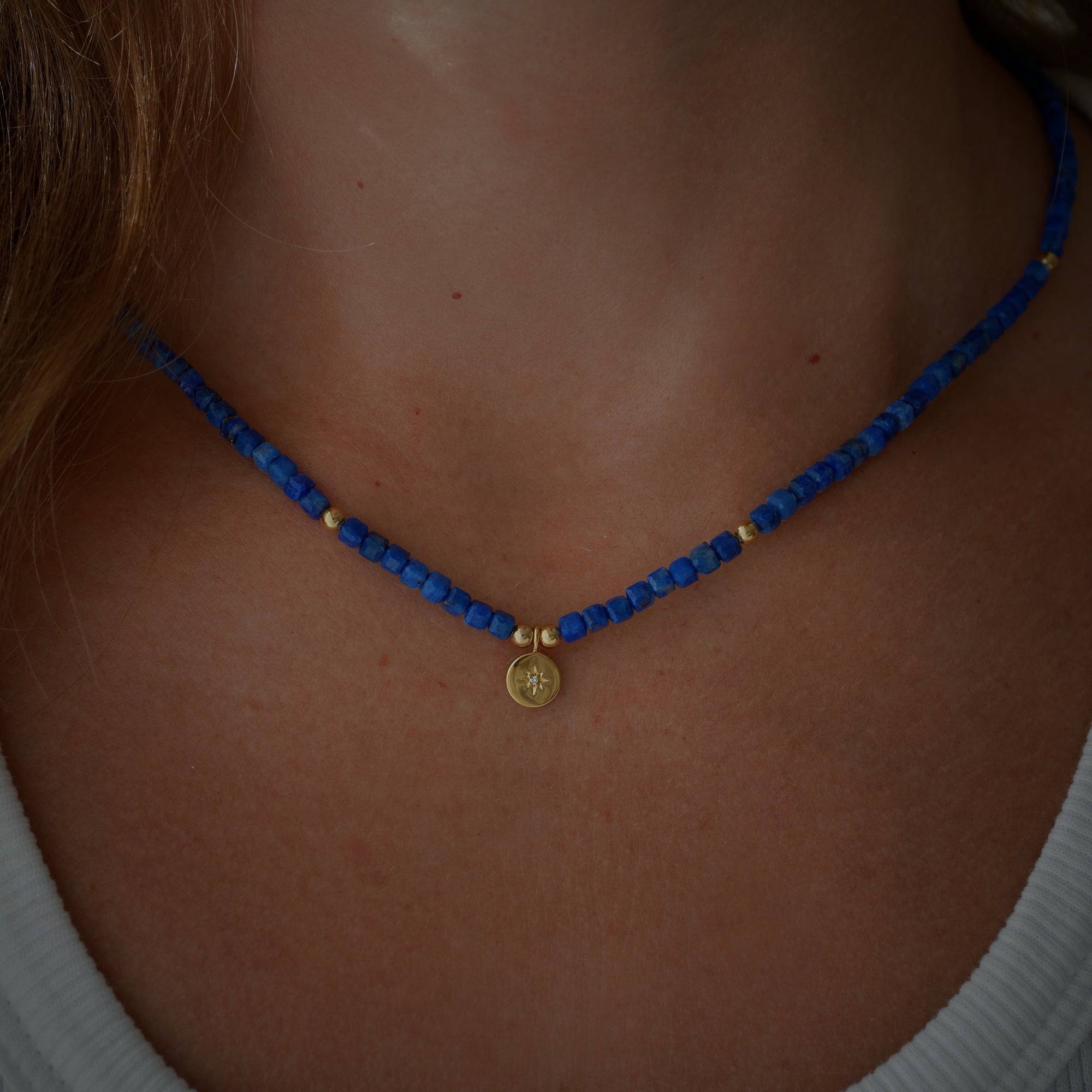Gold Plated Silver Necklace with Lapis Lazuli and Diamond "North Star"