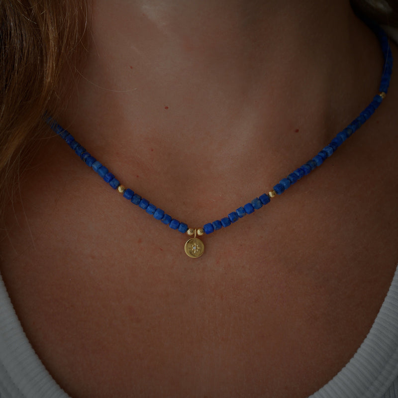 Gold Plated Silver Necklace with Lapis Lazuli and Diamond "North Star"