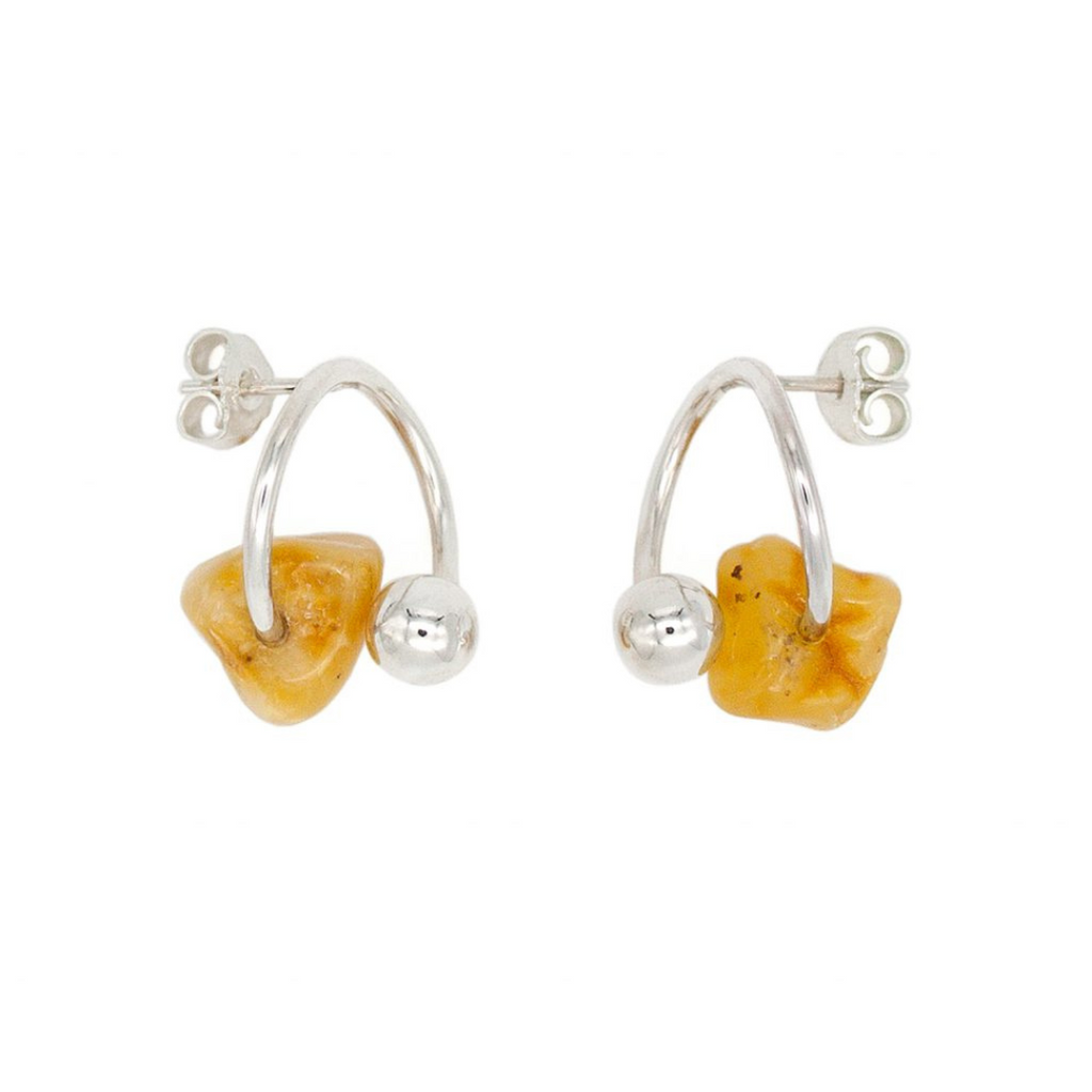 Silver & Amber Orb Hoop Earrings (Small)