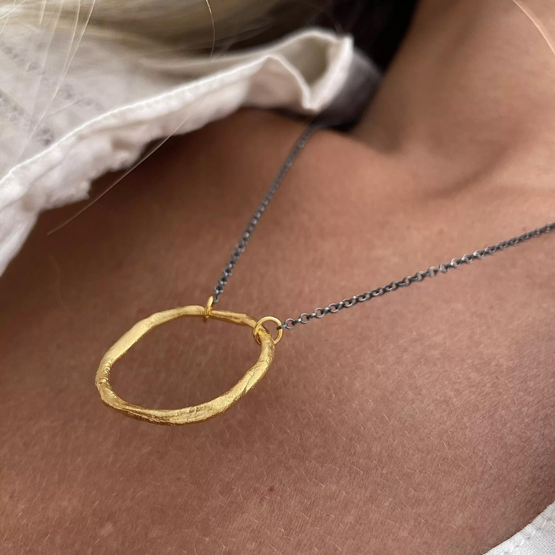 Gold Plated / Oxidized Silver Necklace "Big Fingerprint Circle"