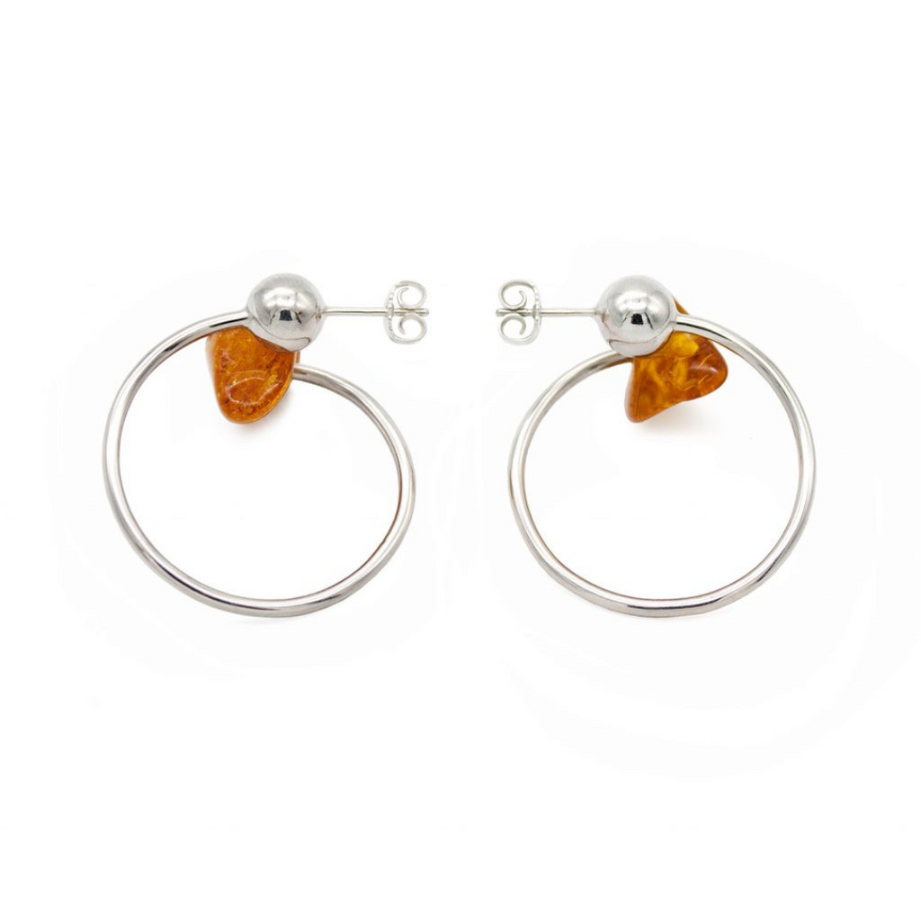Silver & Amber Orb Hoop Earrings (Large)