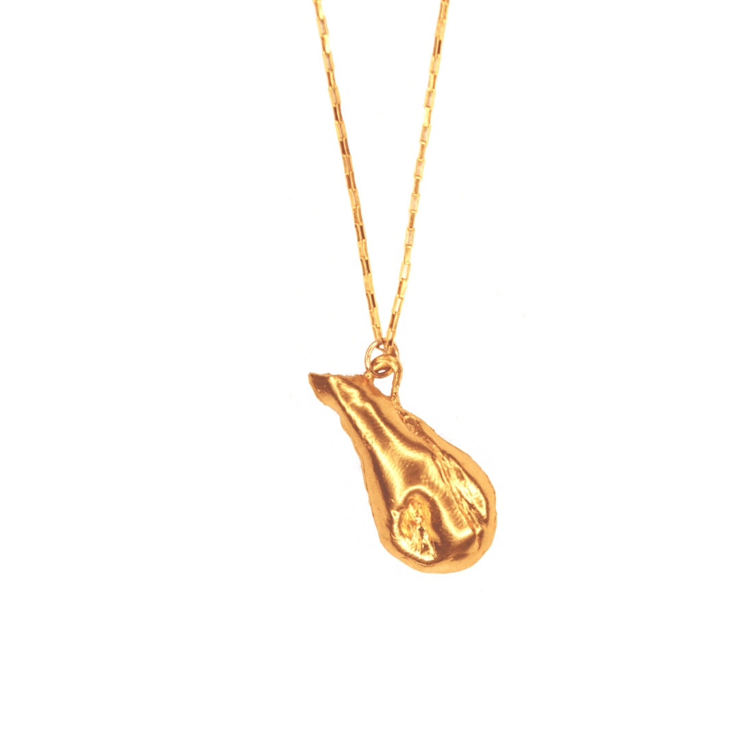A gold-plated bronze necklace with a chain and a water jar-shaped pendant.
