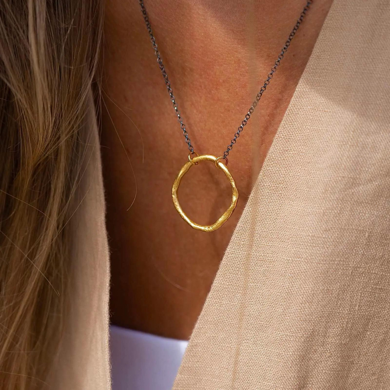 Gold Plated / Oxidized Silver Necklace "Big Fingerprint Circle"