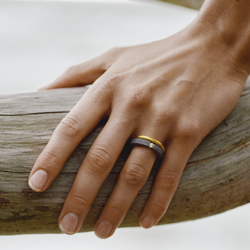 close up of one-of-a-kind ring composed of hafnium and yellow diamond by ASR JWLS.