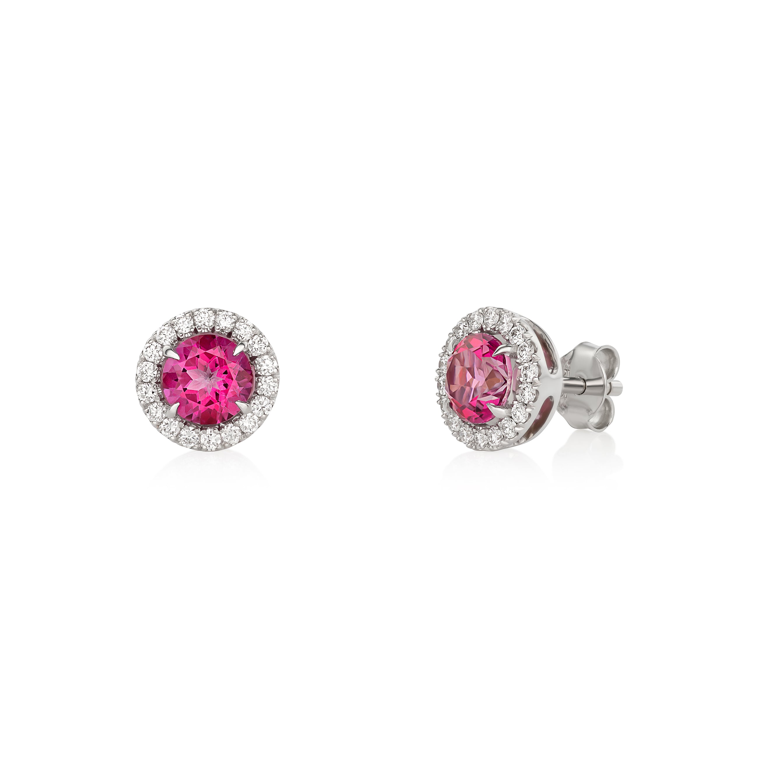 A pair of 14k white gold halo stud earrings featuring round pink topaz centers surrounded by a row of round brilliant-cut lab-grown diamonds, with push-back closures.