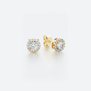 Halo stud diamond earrings in 14k yellow gold featuring a central diamond surrounded by a delicate halo of pavé-set diamonds, with a total carat weight of 0.30 ct.