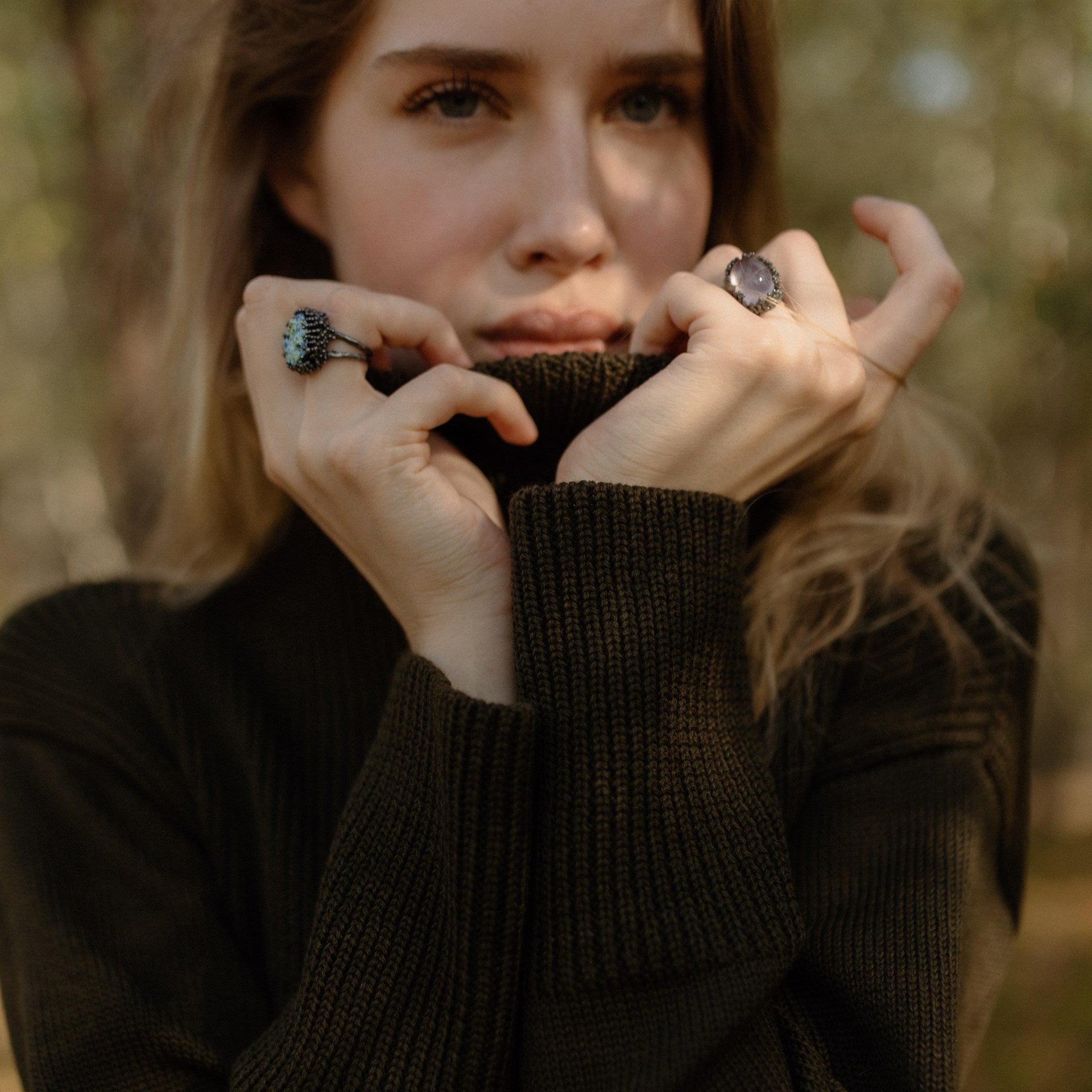 Oxidised Silver Ring with Agate "Coral Magic Lagoon"