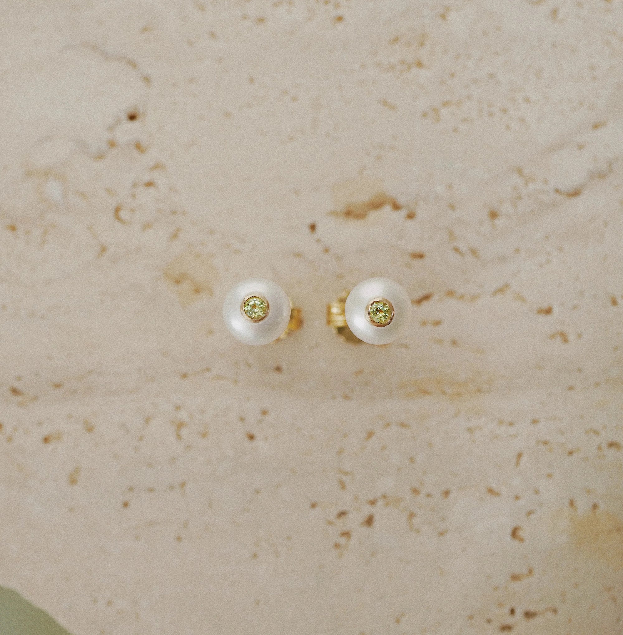 Gold Plated Silver Stud Earrings with Pearls and Peridot "Fiona"