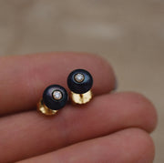 Gold Plated Silver Stud Earrings with Dark Pearls and Moissanites "Fiona"