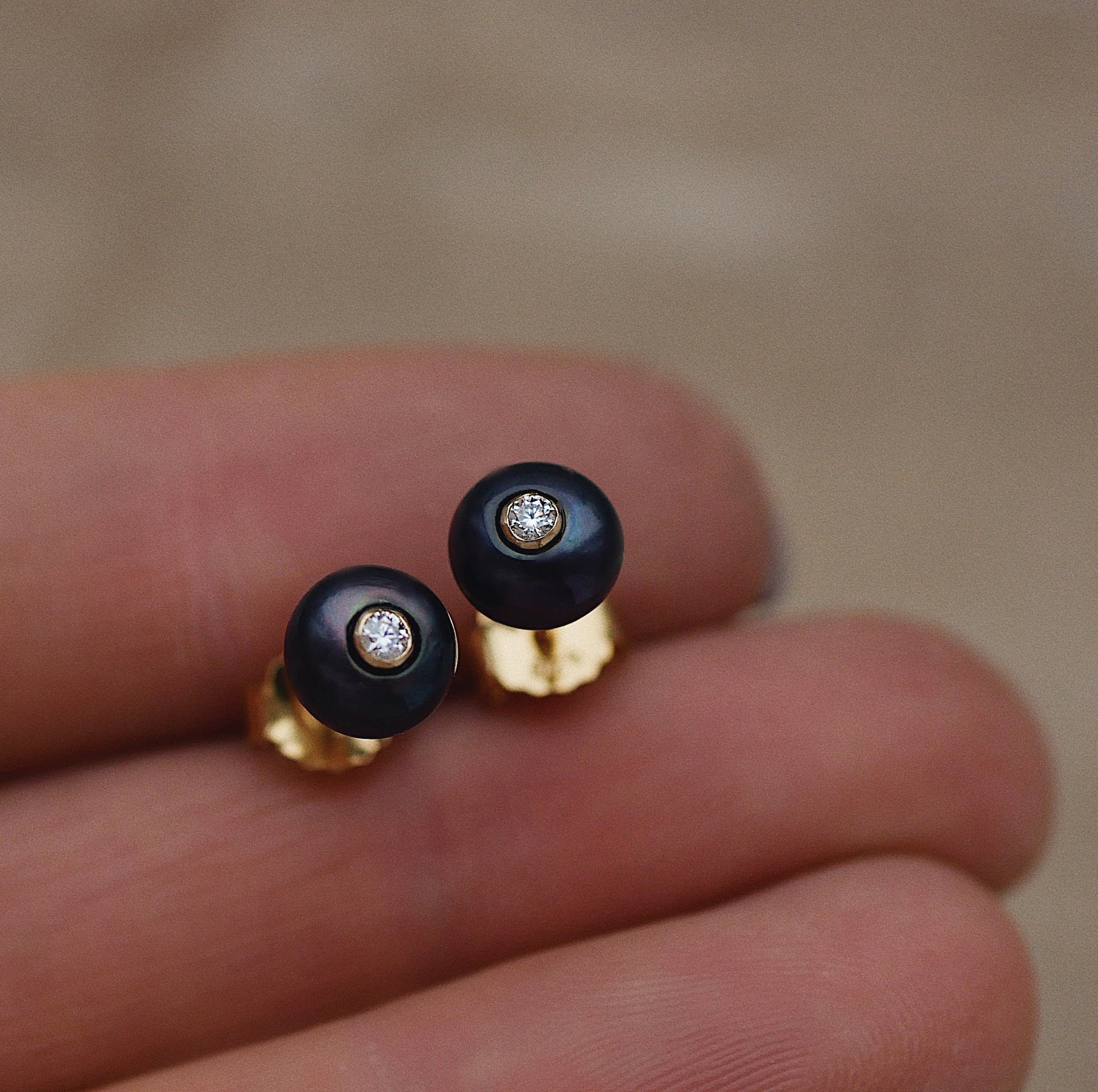Gold Plated Silver Stud Earrings with Dark Pearls and Moissanites "Fiona"