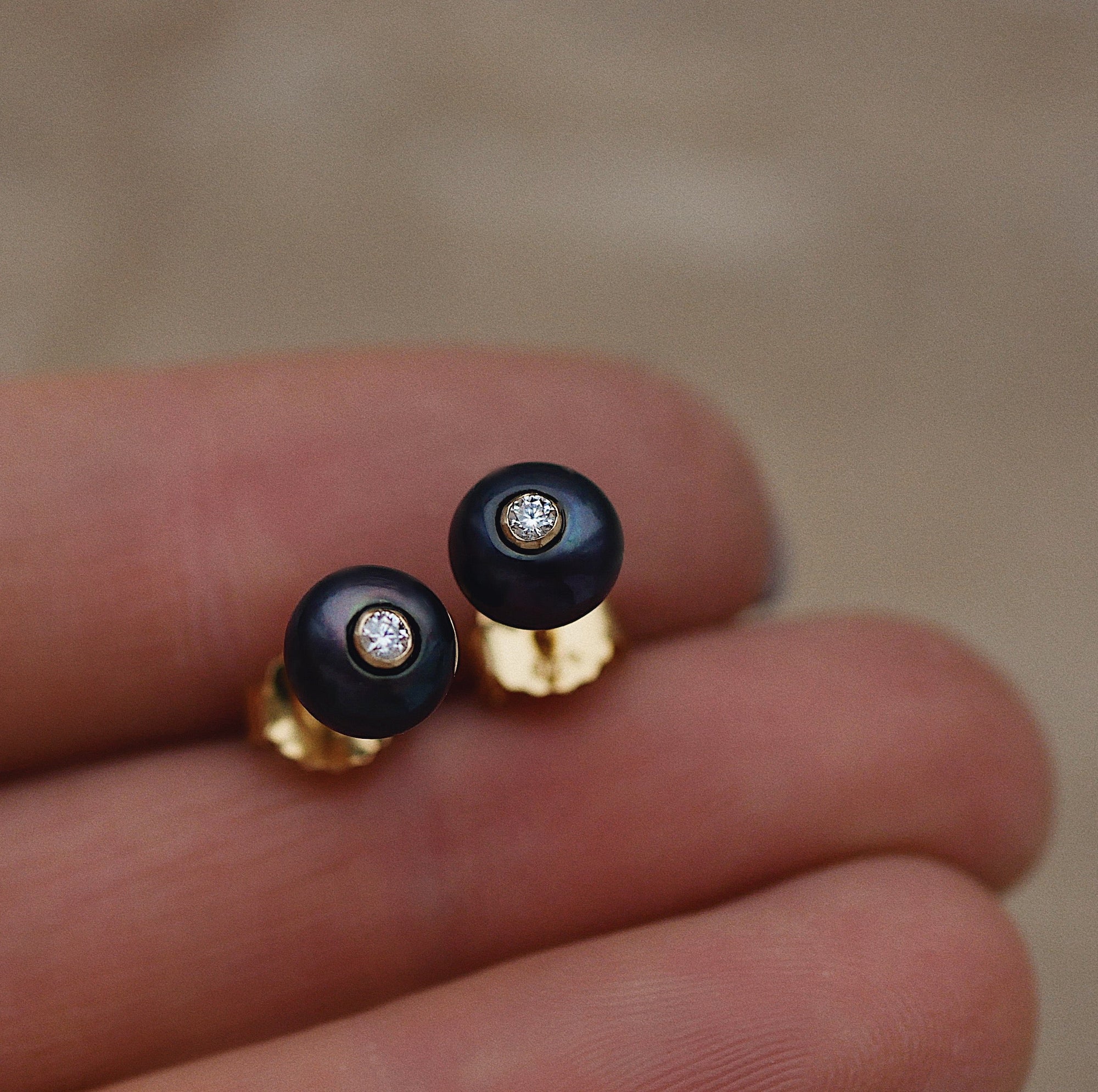 Gold Plated Silver Stud Earrings with Dark Pearls and Moissanites "Fiona"