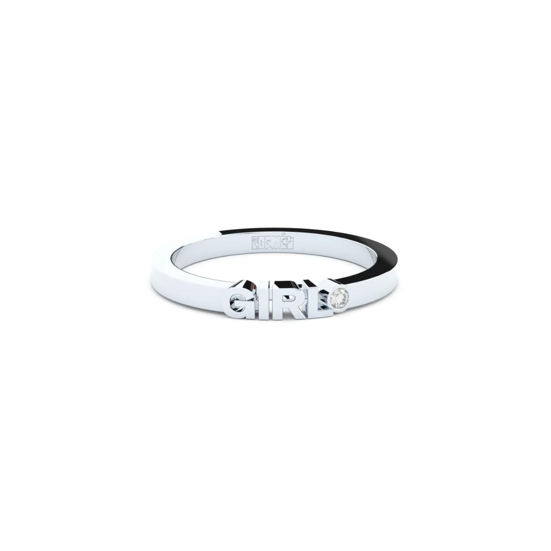 A solid white gold ring with the finest quality laboratory made diamond, featuring the inscription 'GIRL' on it.
