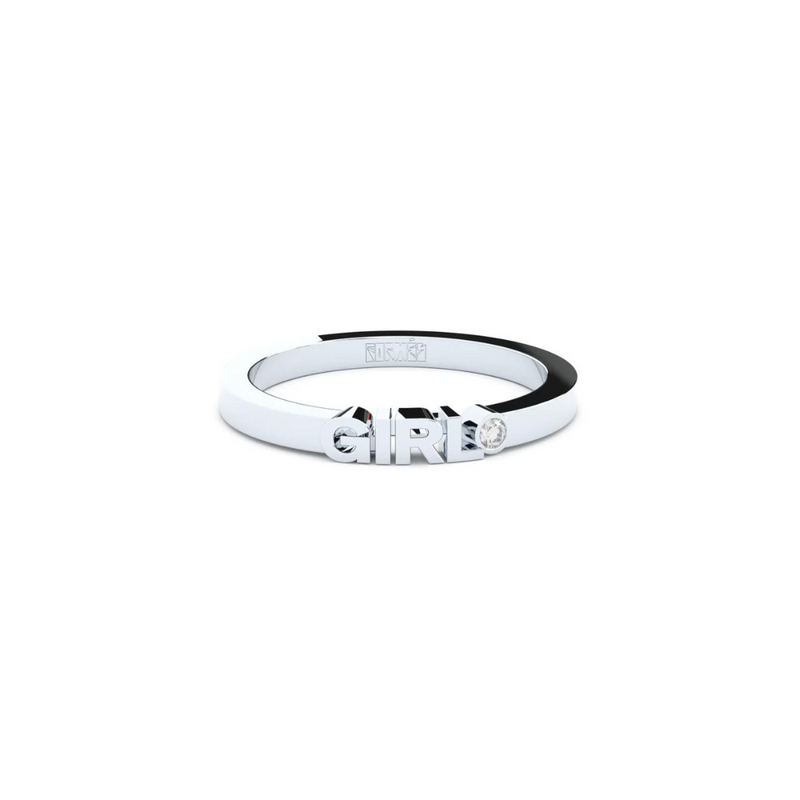 A solid white gold ring with the finest quality laboratory made diamond, featuring the inscription 'GIRL' on it.