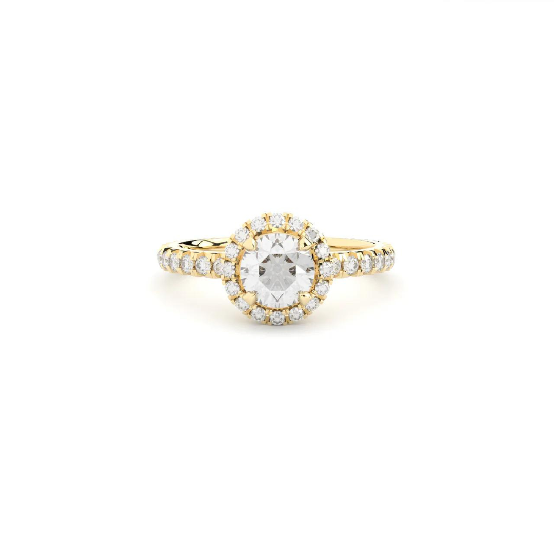 A yellow gold ring with a 0.50 ct central diamond surrounded by smaller diamonds in a halo style setting.