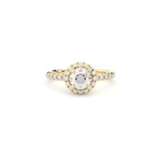 A yellow gold ring with a 0.50 ct central diamond surrounded by smaller diamonds in a halo style setting.