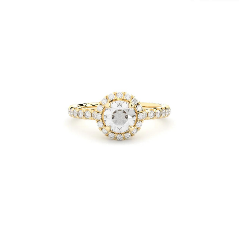 A yellow gold ring with a 0.50 ct central diamond surrounded by smaller diamonds in a halo style setting.